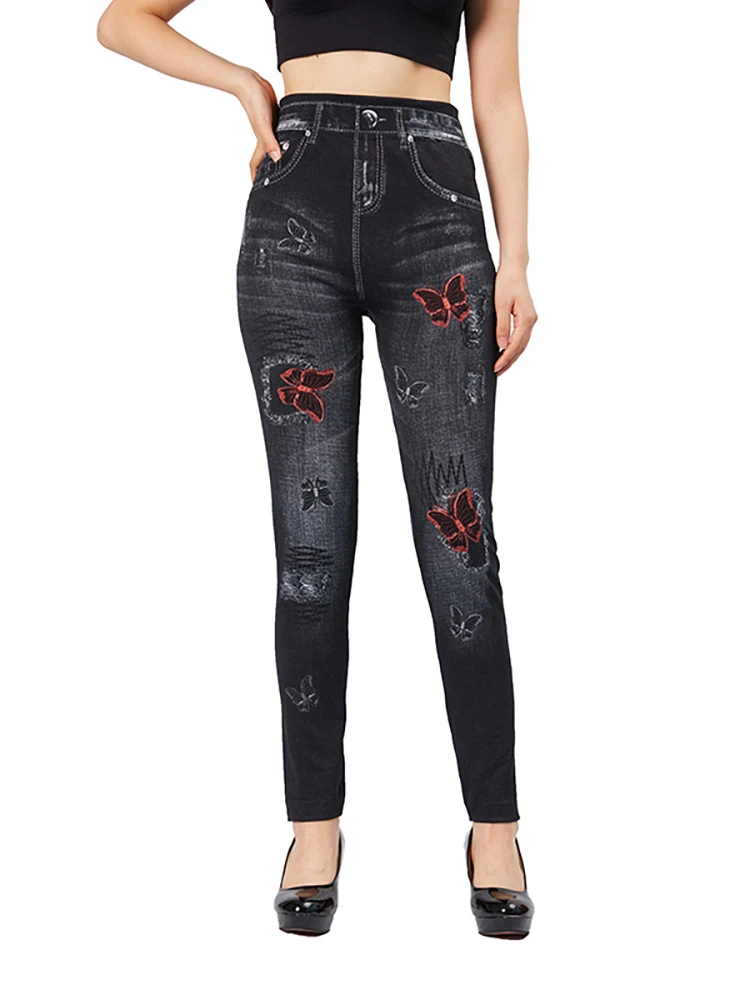 Top Trends: CUHAKCI Elegant Sexy Red Butterfly Print Female Black Fake Jeans Slim Fit Faux Denim Pencil Pants Stretch Women Yoga Leggings Shoppable Styles