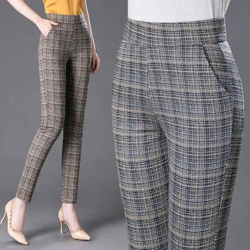 Top Trends: Office Lady Slim Plaid Pencil Pants Woman Korean Fashion Vintage Spring Autumn Streetwear New High Waist Casual Suits Trousers Shoppable Styles