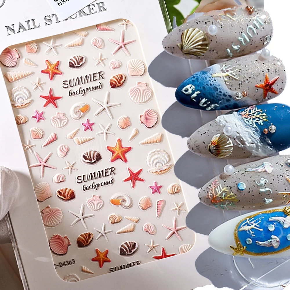 Top Trends: 1Pcs Colored Sea Shell 5D Nail Art Sticker 8*10CM Embossed Shell / Flowers Nail Art Decoration Self-Adhesive 5d Nail Decals NK-149 Shoppable Styles