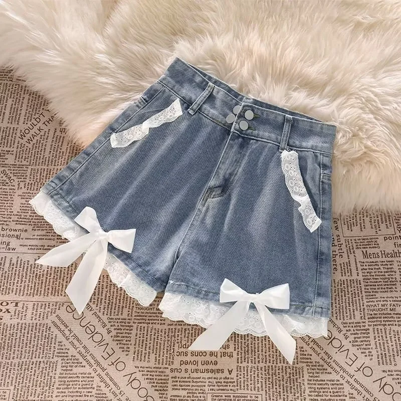 Top Trends: Girly Denim Shorts 2023 Summer New Lace-trimmed Bow Decoration Loose A-line Jeans Shorts Japanese Style Thin Pants Summer Attire Shoppable Styles