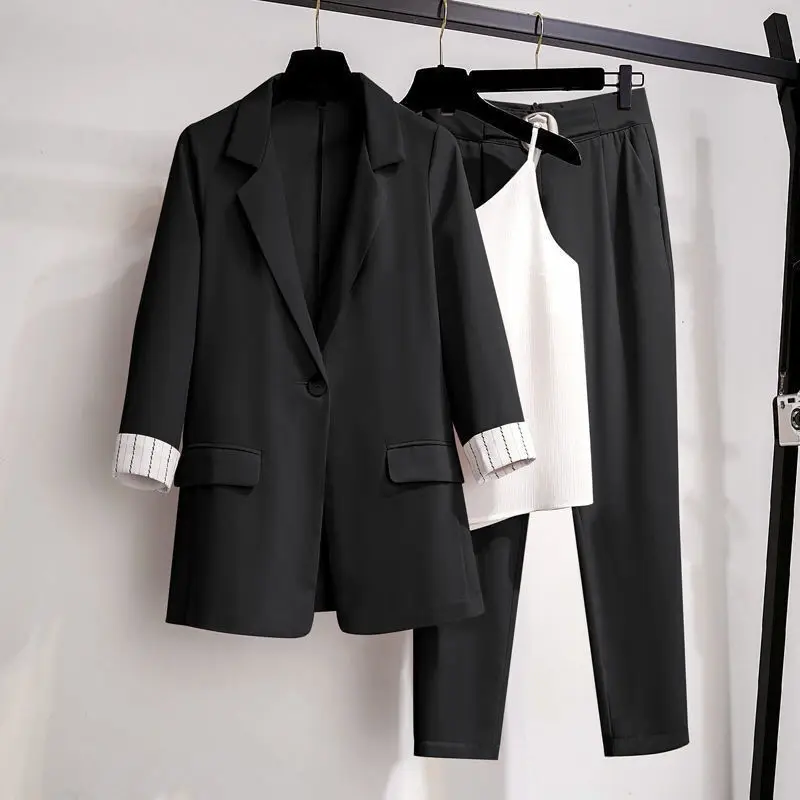 Top Trends: Women&#039;s Spring Autumn Thin Three-quarter Sleeve Suit Jacket White Suspender Pants Three-piece Korean Elegant Blazers Trouser Set Shoppable Styles