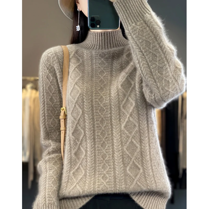 Top Trends: Merino Thickened Wool Sweater Half High Collar Twisted Flower Knitted Pullover Women&#039;s Wool Knitted Solid Color Top Winter Shoppable Styles