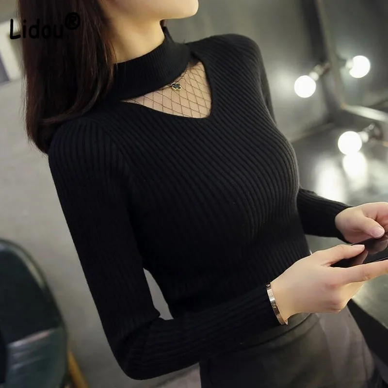 Top Trends: Five Colors Thick Gauze Spliced Knitting Sweaters Korean Half Height Collar Sexy Slim Hollow Out Trend Women&#039;s Clothing Pretty Shoppable Styles