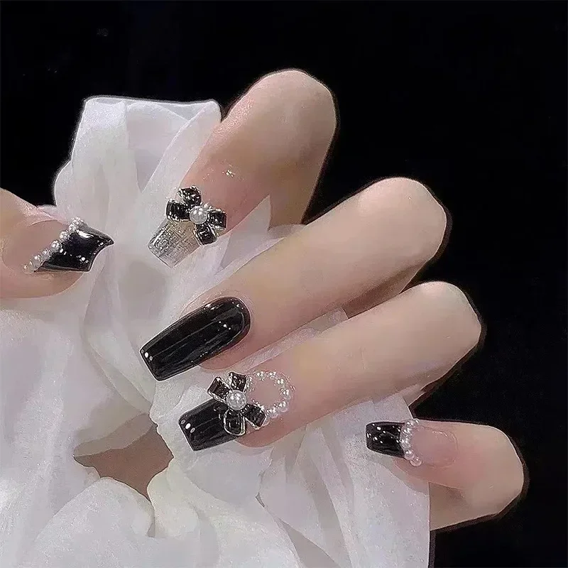 Top Trends: 24Pcs Black Bow Detachable Fingernails Ballerina Wearable Fake Nails Press On Square Head False Nails Full Cover Nail Tips Shoppable Styles