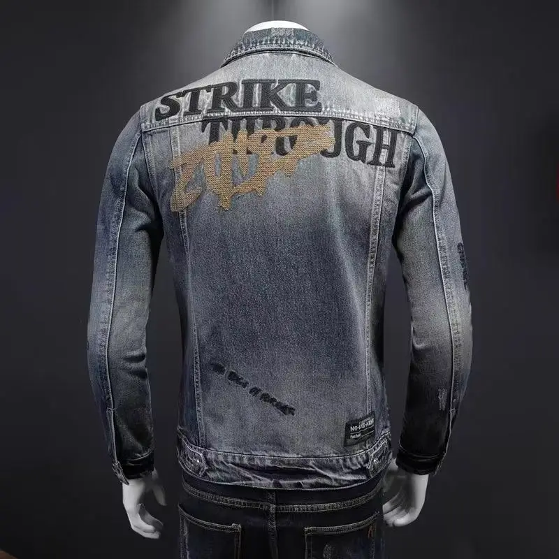 Top Trends: New Men's Denim Jacket Fashion Casual Lapel Handsome Motorcycle Jacket High Street Retro Trend Loose Denim Top Men's Clothing Shoppable Styles - Image 3