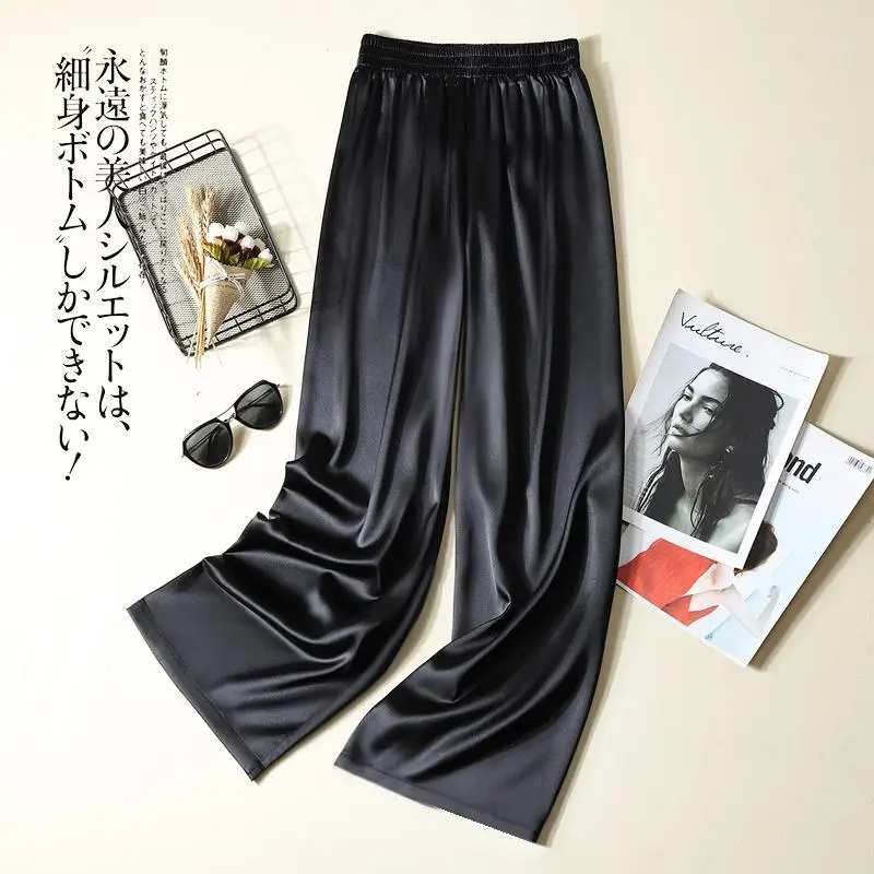 Top Trends: Satin Troussers Korean Pants High Waist Women's Elastic Waist Elegant Large Size Fall Fashion 2023 New Wide Leg Pants Loose Shoppable Styles