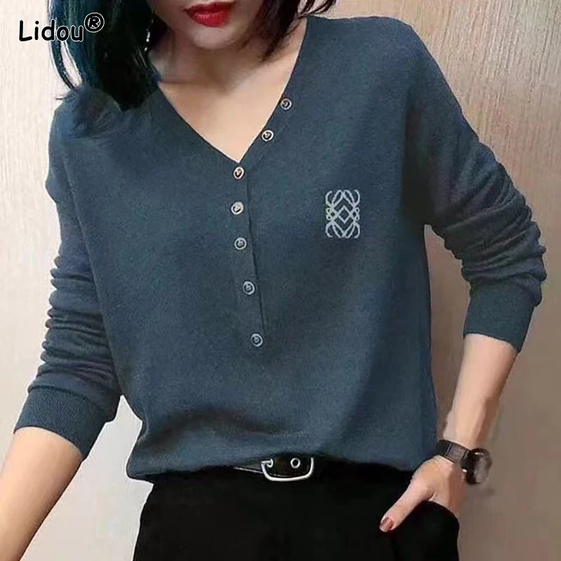 Top Trends: Autumn Winter Thin T-Shirts Korean Elegant Fashion Solid Color Pullovers Loose V-neck 2023 Women's Clothing Button Intellectual Shoppable Styles