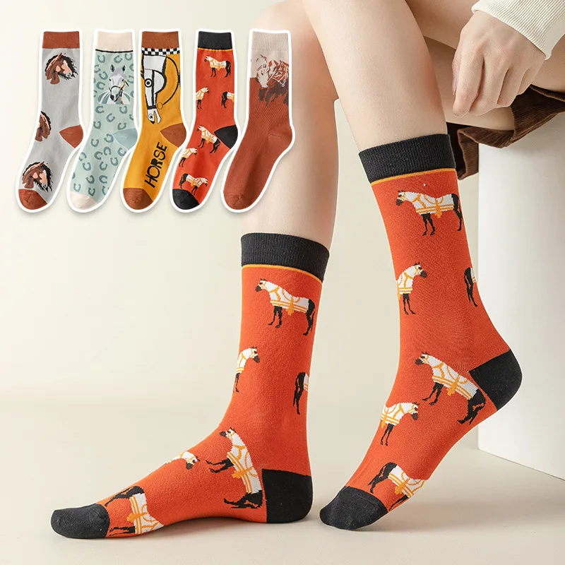 Top Trends: 1 Pair Cotton New Fashion Elegant Art Orange Yellow Horse Lion Women Socks Long Female Girls Ethic Style Dress Sox Summer Gift Shoppable Styles