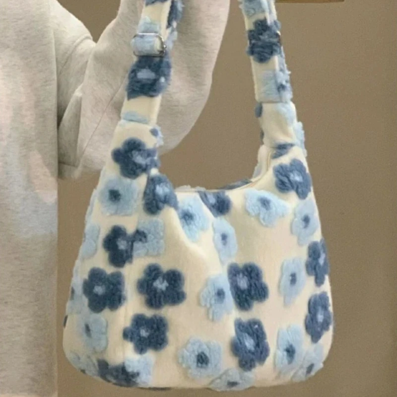 Top Trends: Xiuya Kawaii Large Capacity Plush Crossbody Bag Blue Flowers Soft Fashion Shoulder Bag Casual Youthful Cute Fall Winter Handbag Shoppable Styles