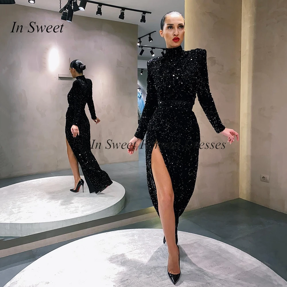 Top Trends: 2023 Sparkly Sequins High Split Evening Dresses Neck Long Sleeves Mermaid Prom Gown Saudi Arabia Party Dress Shoppable Styles - Image 2