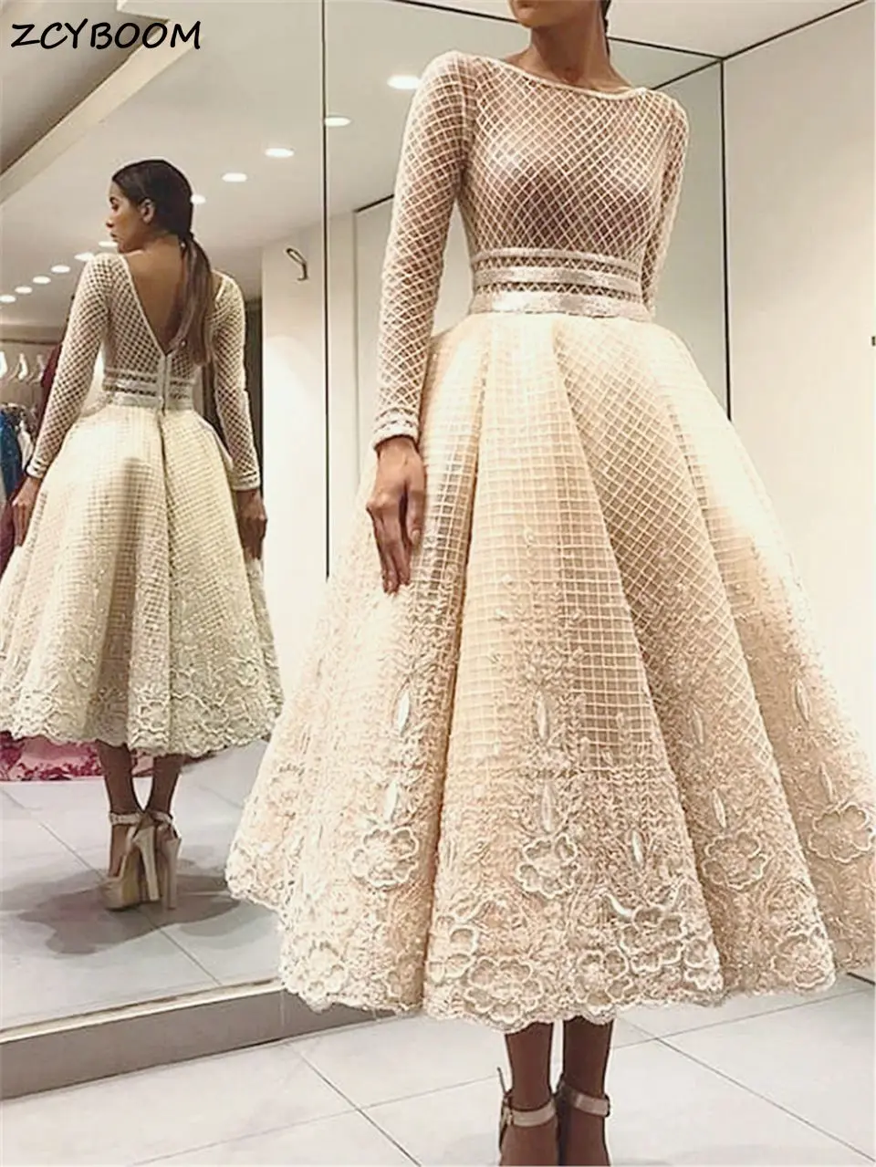 Top Trends: Elegant Champagne A-Line Long Sleeves Evening Dress 2023 Tea Length Appliques Cocktail Party Women Prom Gown فساتين مناسبة رسمية Shoppable Styles