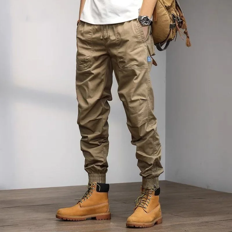 Top Trends: Classic Cotton Solid Color Pocket Cargo Pants Men's Fashion Brand Waist Drawstring Street Casual Male Slim Trousers Versatile Shoppable Styles - Image 4