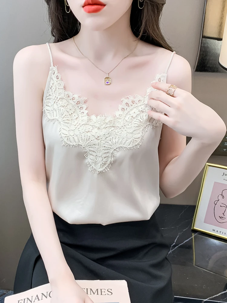 Top Trends: Summer Korean Fashion Silk Women Camis Streetwear Satin Sexy Tops Lace Sleeveless White Female Tank Tops Blouse OL Woman Clothes Shoppable Styles