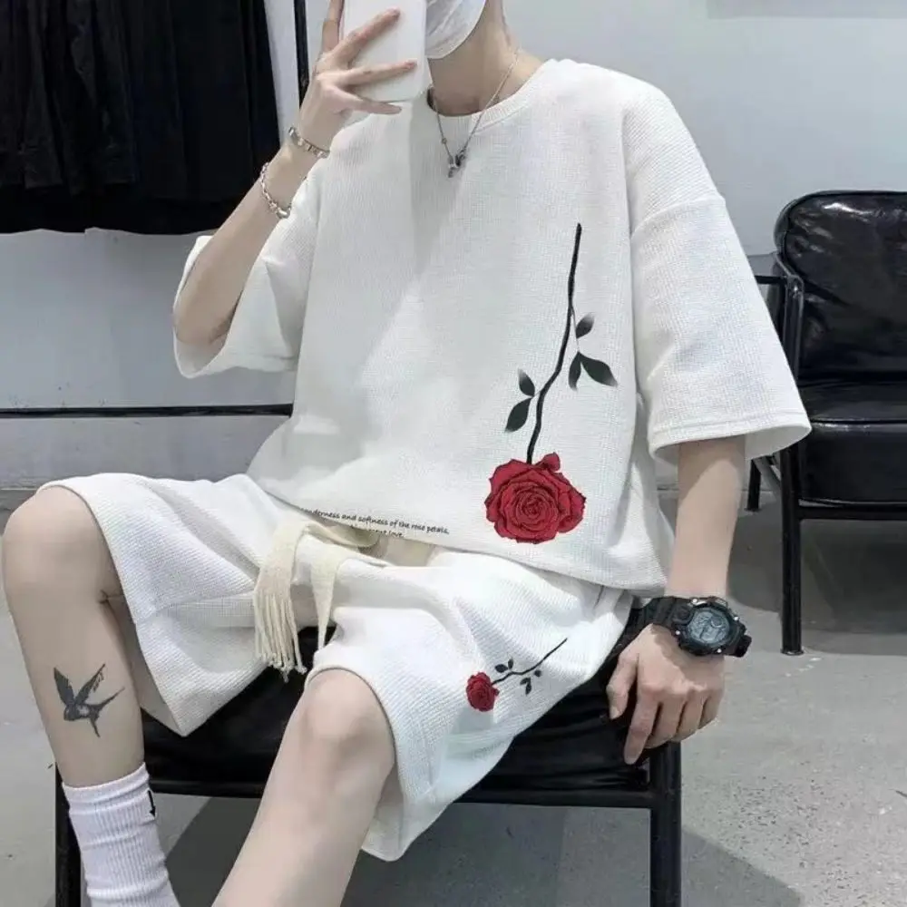 Top Trends: M-5XL Korean Fashion Streetwear Hip Hop Rose Casual Short Suit Tshirt 2 Piece Set Summer Tracksuit Men Harajuku Oversize Tee Shoppable Styles