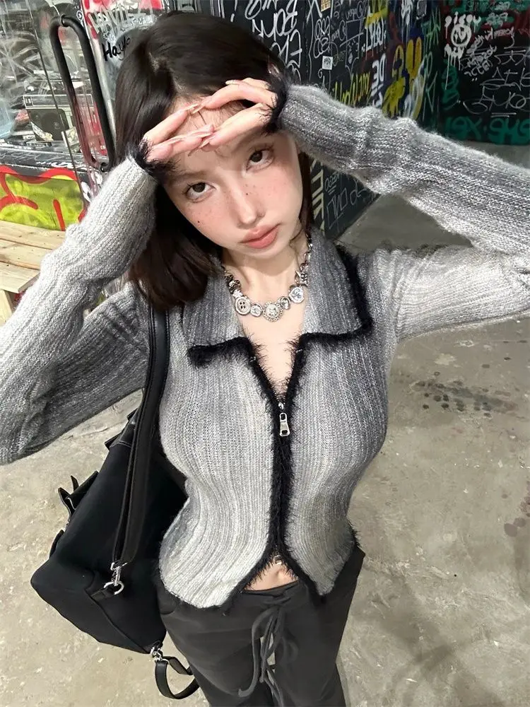 Top Trends: Deeptown Y2K Grunge Gray Cropped Cardigan Women Harajuku Vintage Gradient Knitted Sweater Sexy Slim Autumn Winter Jumper 2000s Shoppable Styles