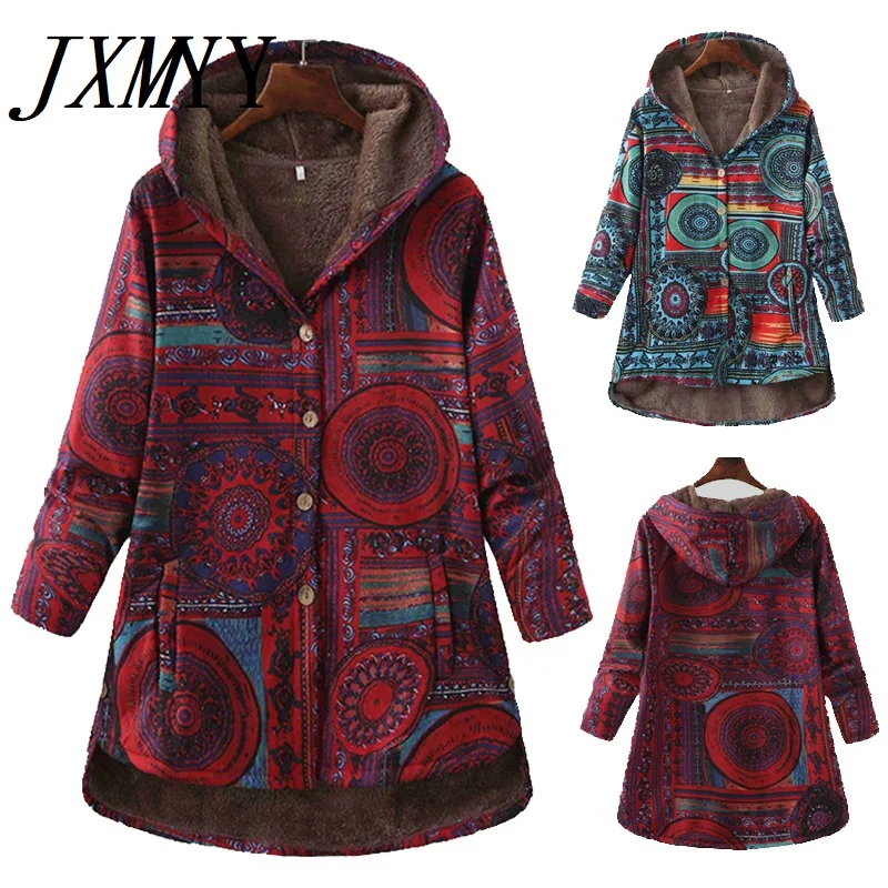 Top Trends: Women Winter Floral Printed Coat Vintage Harajuku Plus Size Loose Casual Jackets Plus Velvet Thick Warm Hooded Fashion Coat Shoppable Styles