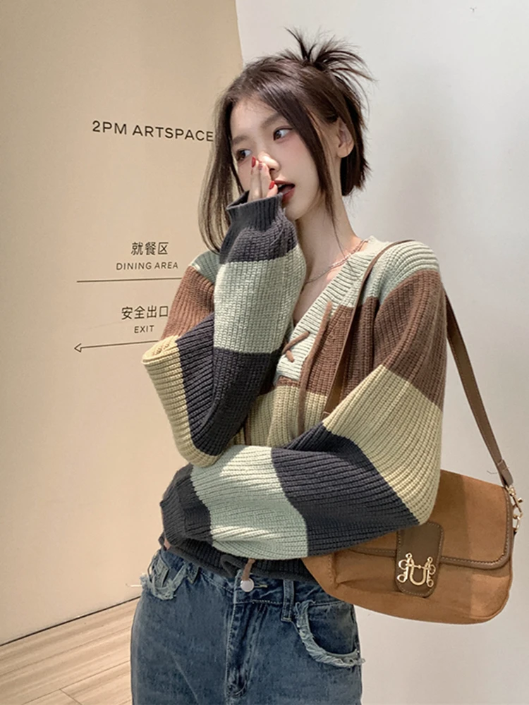 Top Trends: Korean Version Of The Fashion Loose Casual Autumn And Winter Stripes Hit The Color System Knit Sweater Female V-neck Short Tops Shoppable Styles