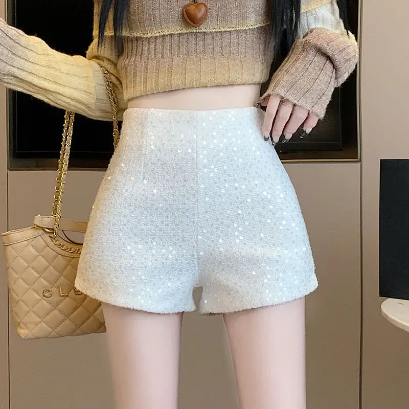 Top Trends: Women's Solid Color Sequined Patchwork Wide Leg Shorts 2023 Autumn And Winter New High-waisted Zipper All-match Casual Pants Shoppable Styles