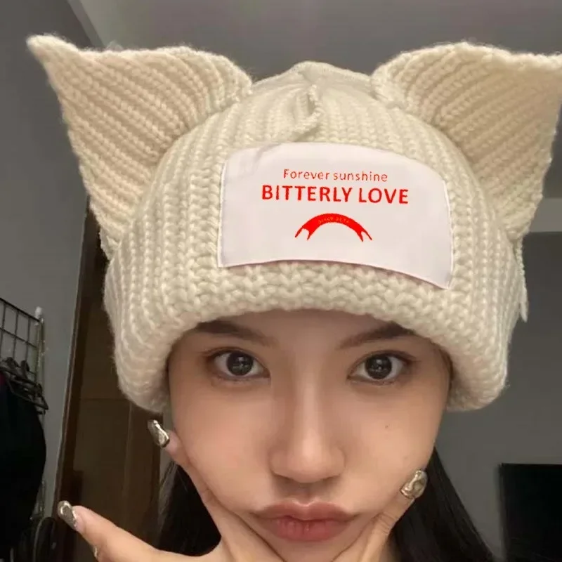 Top Trends: Cute Cat Ears Knitted Hats Kpop Lisa Stray Kids Double-layer Warm Wool Hooded Cap Bonnets For Women Men Streetwear Accessories Shoppable Styles - Image 2