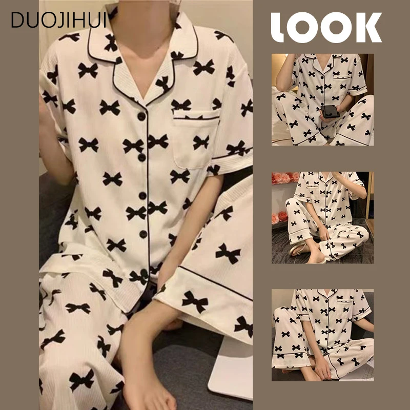 Top Trends: DUOJIHUI New Two Piece Sweet Casual Home Pajamas For Women Ins Spell Color Chic Cardigan Simple Pant Fashion Female Pajamas Sets Shoppable Styles