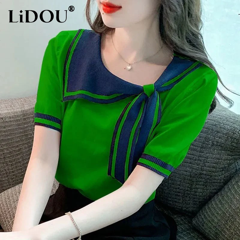 Top Trends: Spring Summer New Fashion Casual Scarf Collar Sweet Knitted T-shirt Female Short Sleeve All-match Pullover Tee Women's Clothing Shoppable Styles