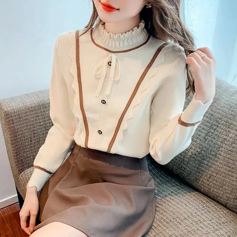 Top Trends: Korean Turtleneck Knitted Pullovers Woman 2024 Winter Bow Sweater Casual Fashion Warm Knitwear Jumper New Shoppable Styles