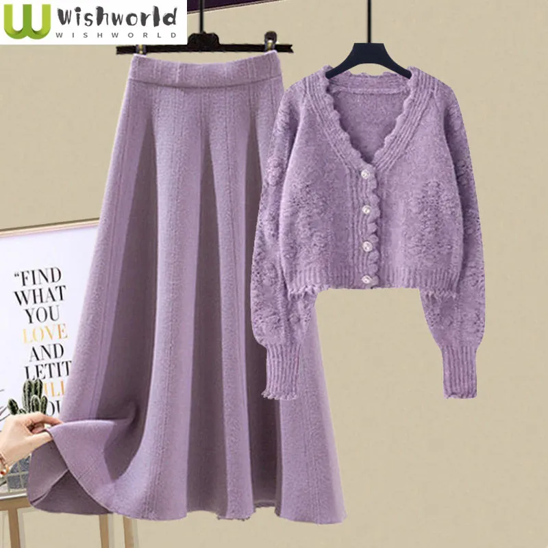 Top Trends: Autumn And Winter Set Women&#039;s 2023 New Korean Edition Slim Knitted Cardigan Top Casual Half Skirt Two Piece Set Fashion Shoppable Styles