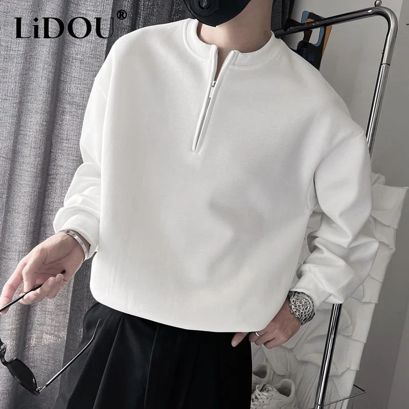 Top Trends: Spring Autumn Korean Casual Fashion Zipper Sweatshirt Man Business Loose All Match Male Pullover Tops Solid Streetwear Clothes Shoppable Styles