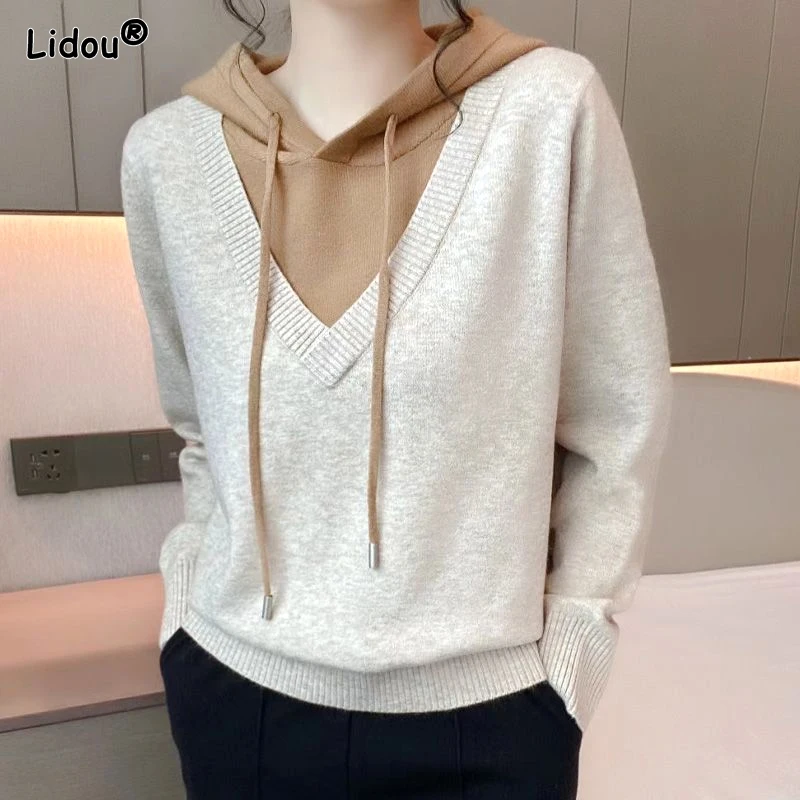 Top Trends: 2023 New Autumn And Winter Fashion Minimalist Casual Loose Fitting Pullover Versatile Long Sleeved Fake Two-piece Hooded Sweater Shoppable Styles