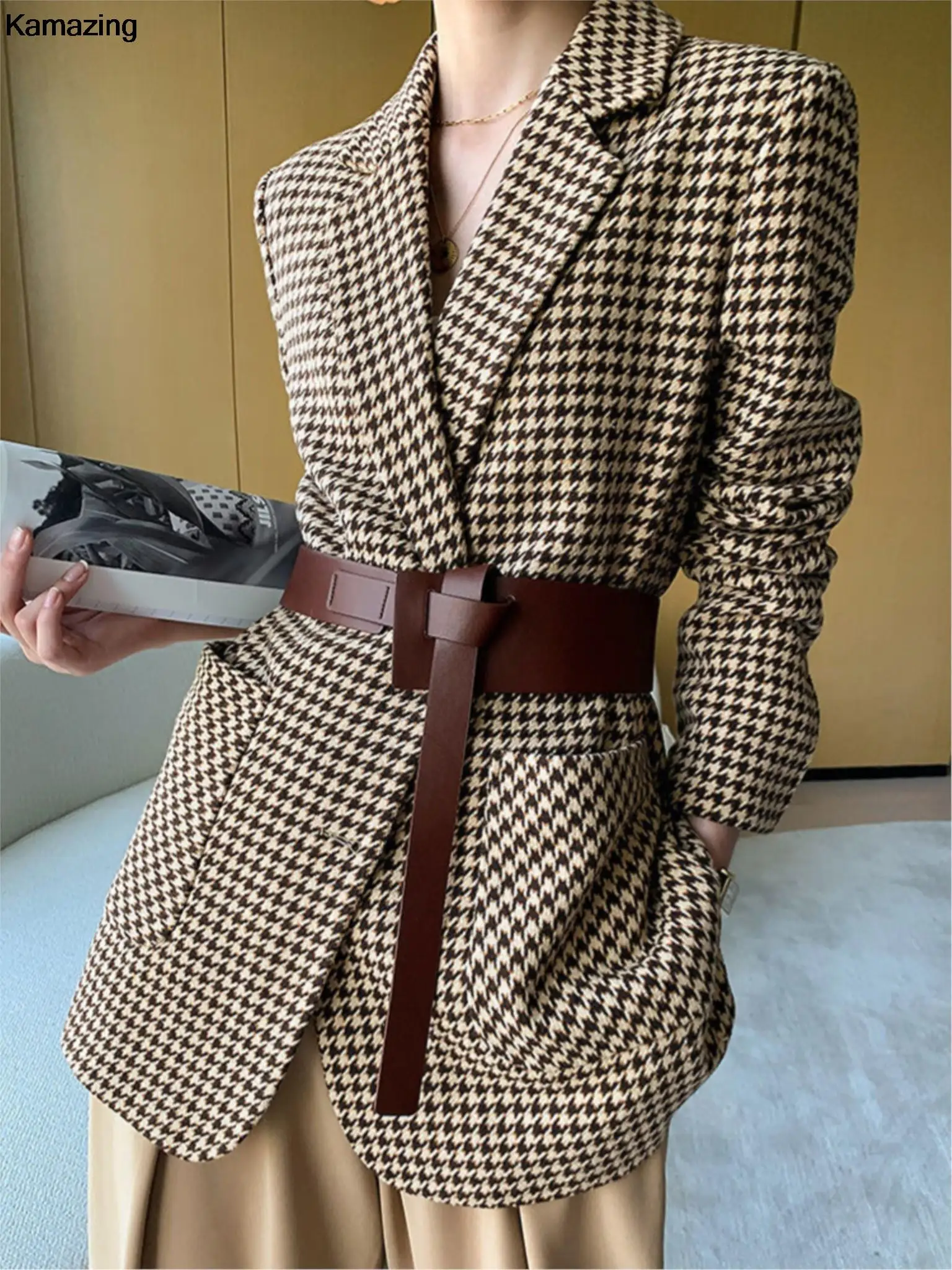 Top Trends: Vintage Houndstooth Woolen Blazer With Belt Autumn Women Long Sleeve Jackets Office Lady Elegant Work Clothes Winter Outerwear Shoppable Styles