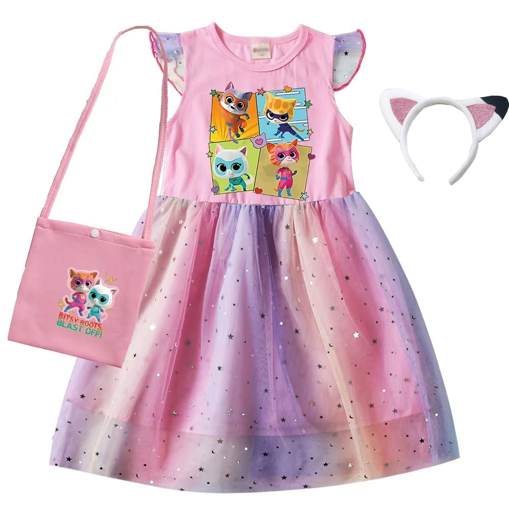 Top Trends: Children SuperKitties Costume Kids Cosplay Super Kitties Clothes For Girls Flying Sleeves A-Line Dress With Bag And Headband Shoppable Styles