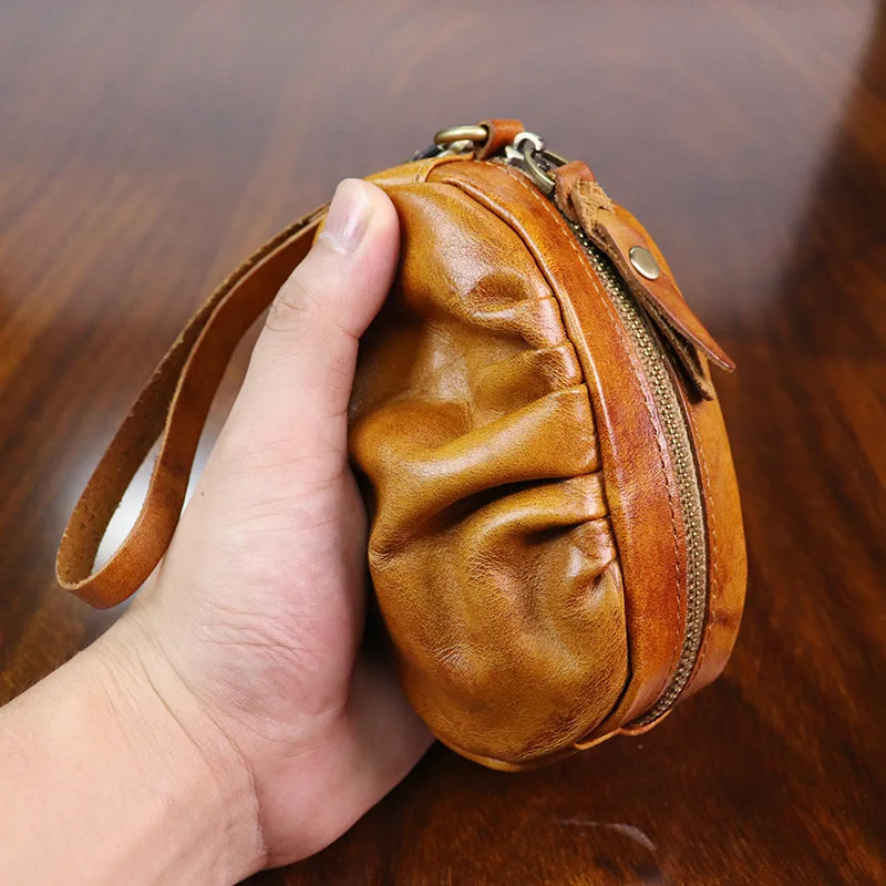 Top Trends: Cow Leather Mini Vintage Purse Coin Purse Card Bag Key Bag Zipper Change Purse Personality Wrinkled Coin Purse For Men And Women Shoppable Styles