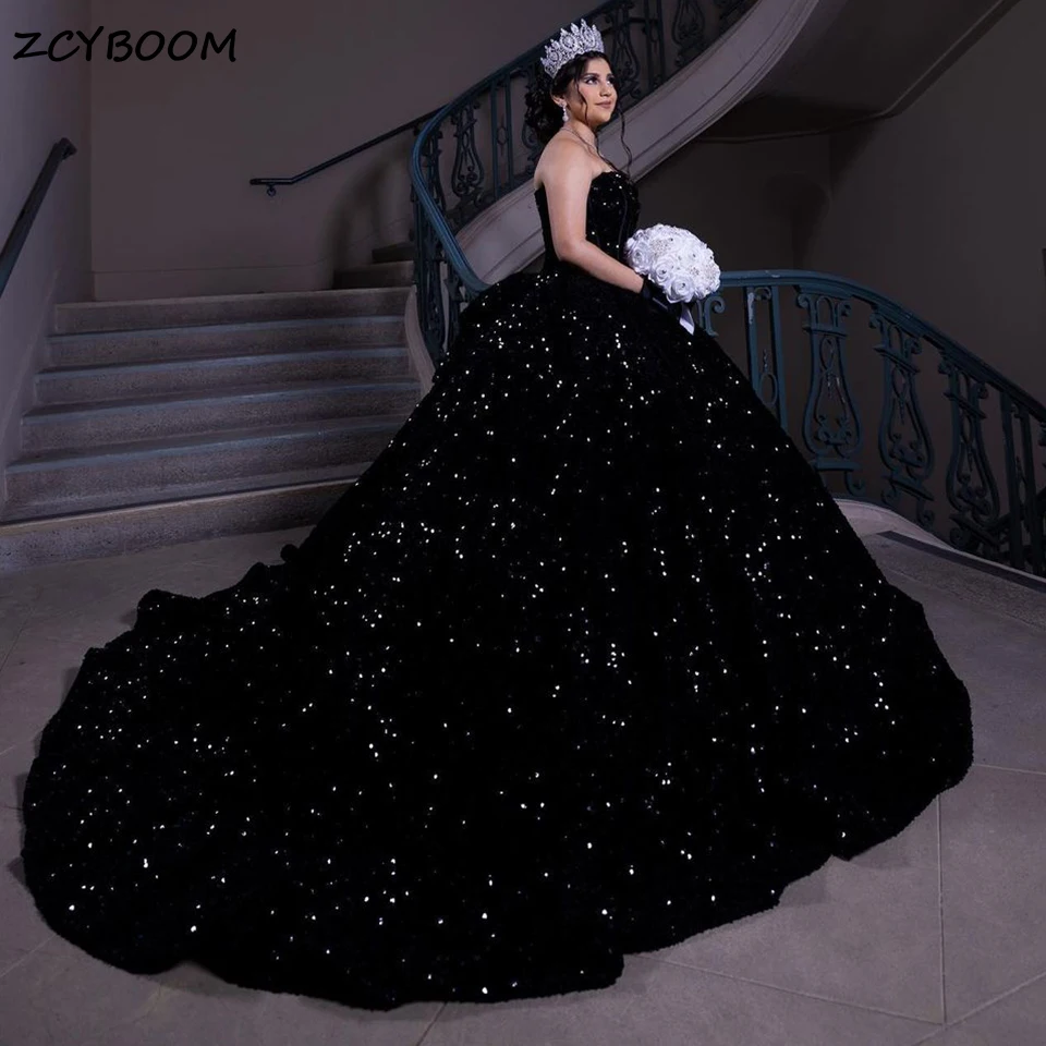 Top Trends: Luxury Sparkly Black Sequined Ball Gown Quinceanera Dresses 2023 Sweetheart Lace Up Back Party Prom Gowns Vestidos De 15 Años Shoppable Styles