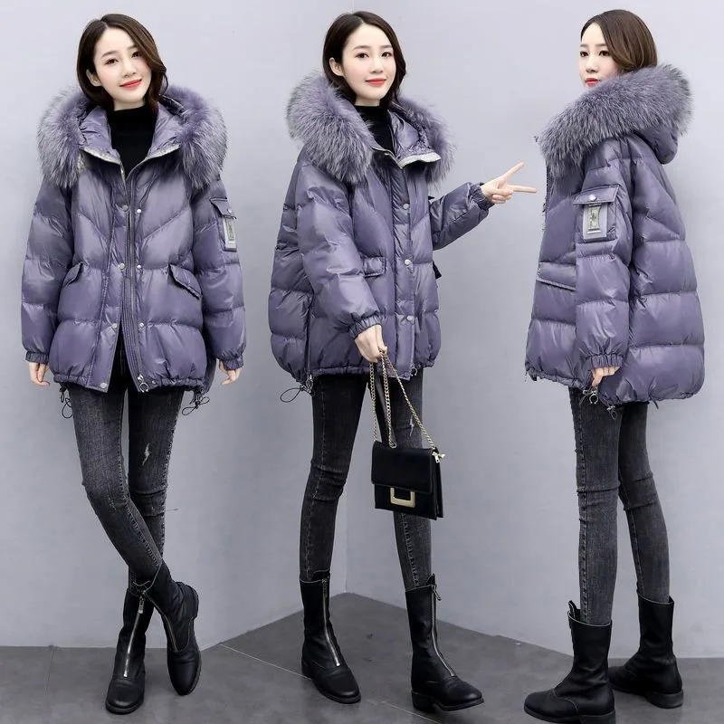 Top Trends: 2023 New Down Cotton Jacket Women Mid-length Loose Quilted Jacket Big Fur Collar Winter Overcoat Hoodie Shoppable Styles