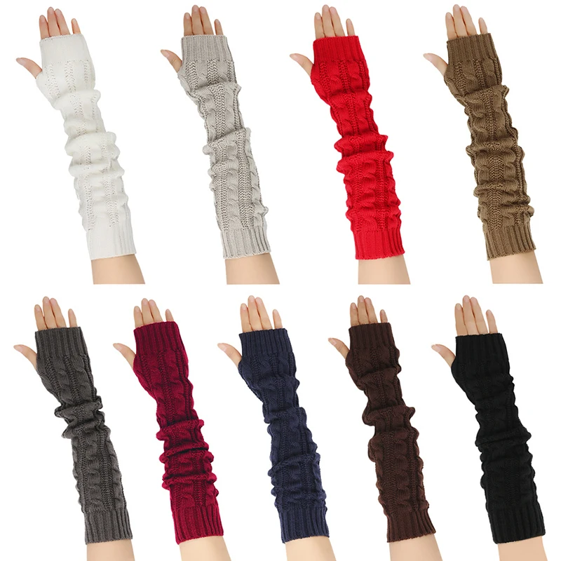 Top Trends: Knitted Wool Half-Finger Long Glove Autumn Winter Warm Thickened Guard Arm Wrist Sleeve Twist Fingerless Arm Warmers Punk Mitten Shoppable Styles - Image 2