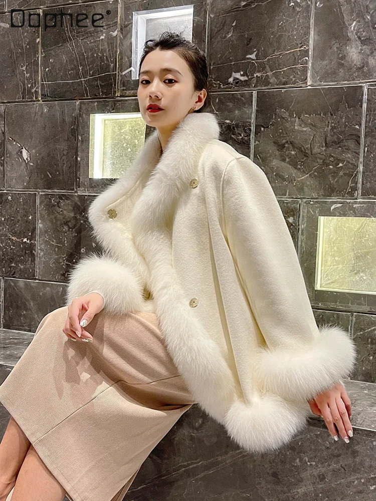 Top Trends: Korean Style Faux Fox Fur Collar Fux Fur Coat Female 2023 Winter New Socialite Style Shawl Woolen Cape Coats And Jackets Women Shoppable Styles