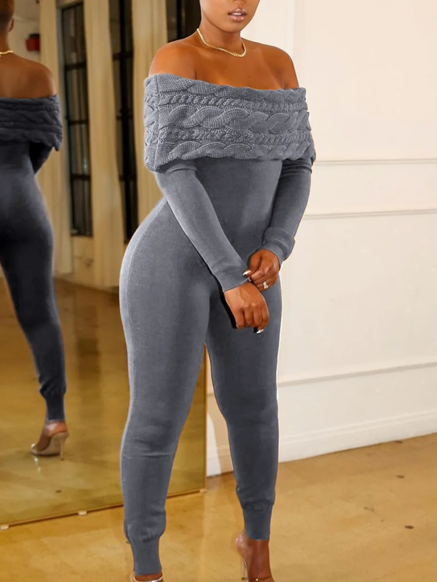 Top Trends: LW Bandeau Neck Grey Jumpsuits Casual Fold-over Bodysuits Solid Backless Off The Shoulder Skinny Jumpsuits Plain Long Pants Shoppable Styles