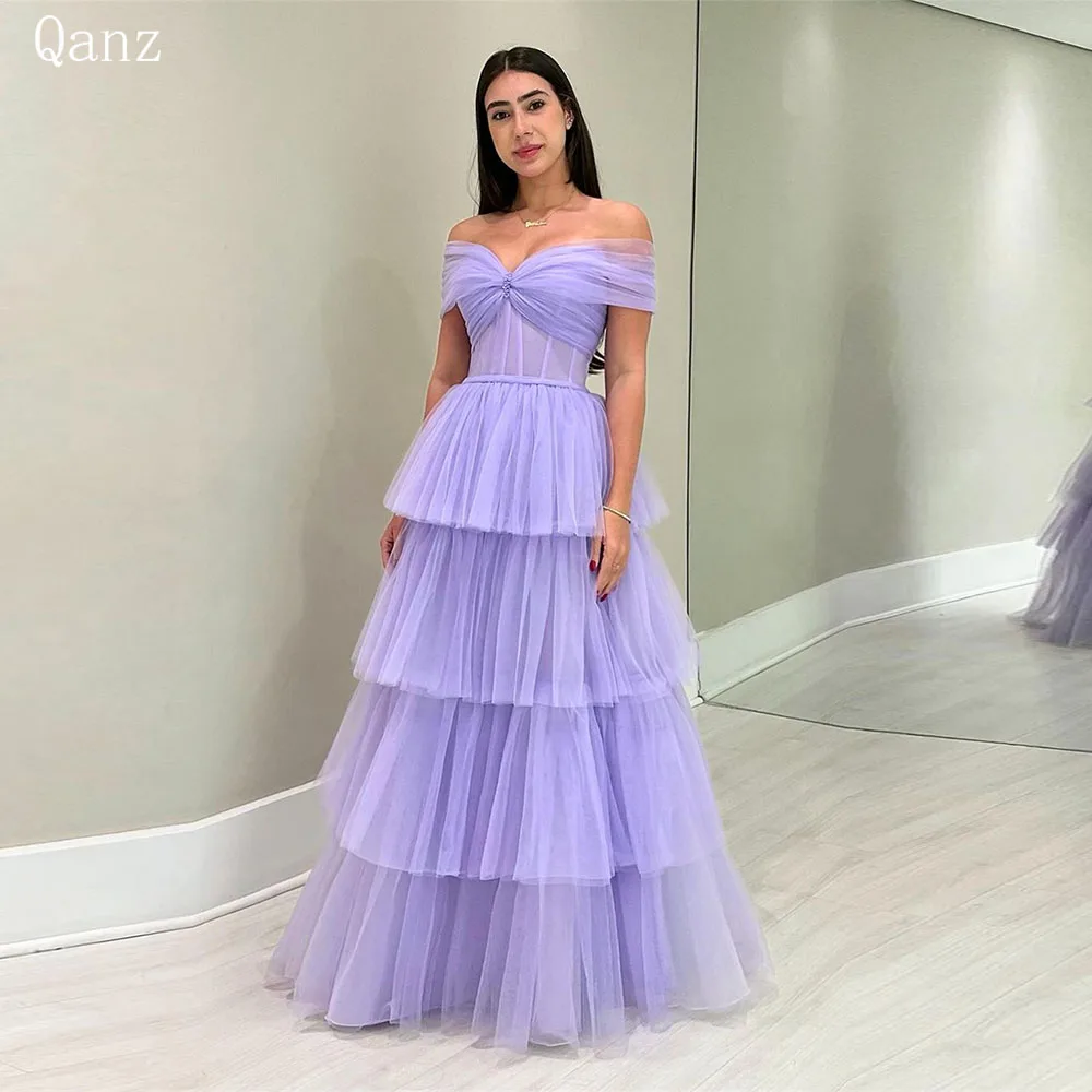 Top Trends: Qanz Lilac Tulle Evening Dresses Off The Shoulder Floor Length Ruched Tiered Vestido De Noche Formal Dresses For Women 2024 Plus Shoppable Styles