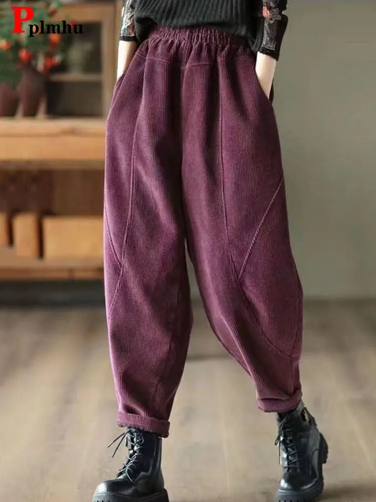 Top Trends: Corduroy Baggy Autumn Winter Harem Pants Casual High Waist Warm Women Pantalones Vintage Ankle-length Jogger Fashion Trousers Shoppable Styles