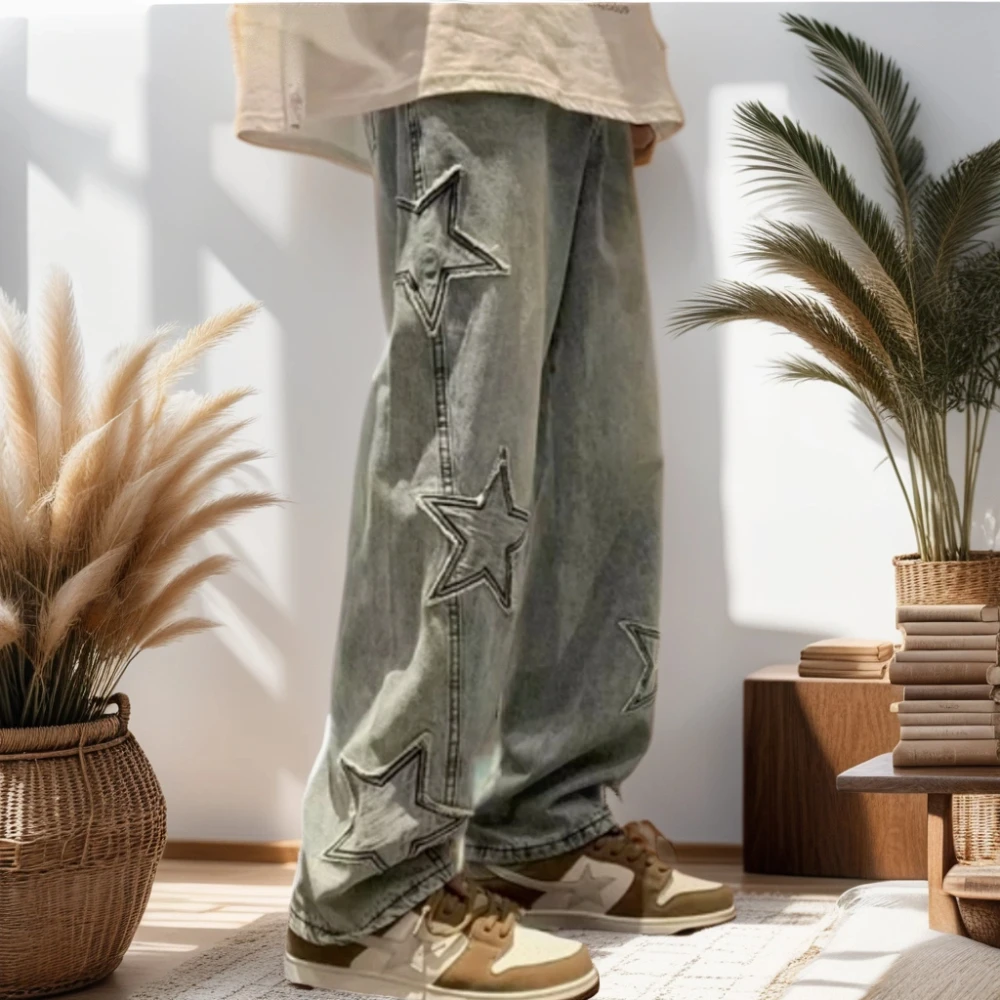 Top Trends: Y2K Vintage Men Jeans Korean Streetwear Oversize Star Aesthetic Straight Trousers Wide Leg Jeans Denim Baggy Pants Men Clothes Shoppable Styles