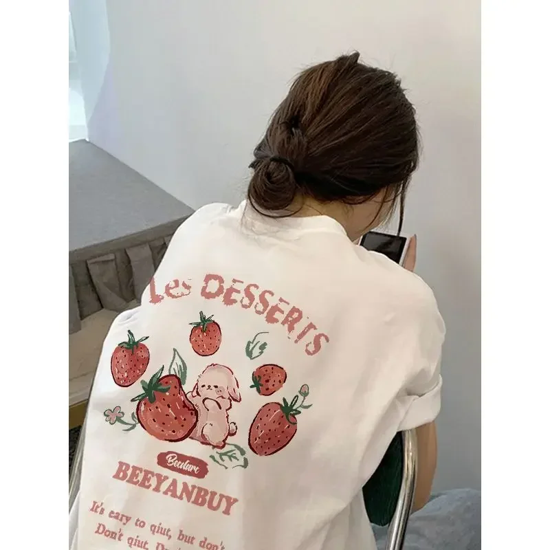 Top Trends: American Funny Cute Rabbit Strawberry Print Short Sleeve T-shirt Women Summer Relaxed Casual Simple Versatile Half Sleeve Top Shoppable Styles