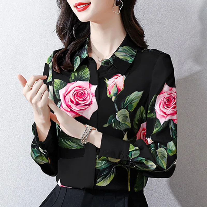 Top Trends: Vintage Printed Lapel Button Loose Florall Shirt Women's Clothing 2023 Spring New Casual Tops All-match Office Lady Blouse Shoppable Styles - Image 2