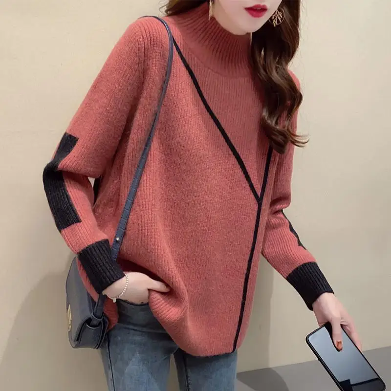 Top Trends: Fashion Half High Collar Knitted Spliced All-match Sweater Women Clothing 2022 Autumn New Oversized Casual Pullovers Korean Tops Shoppable Styles