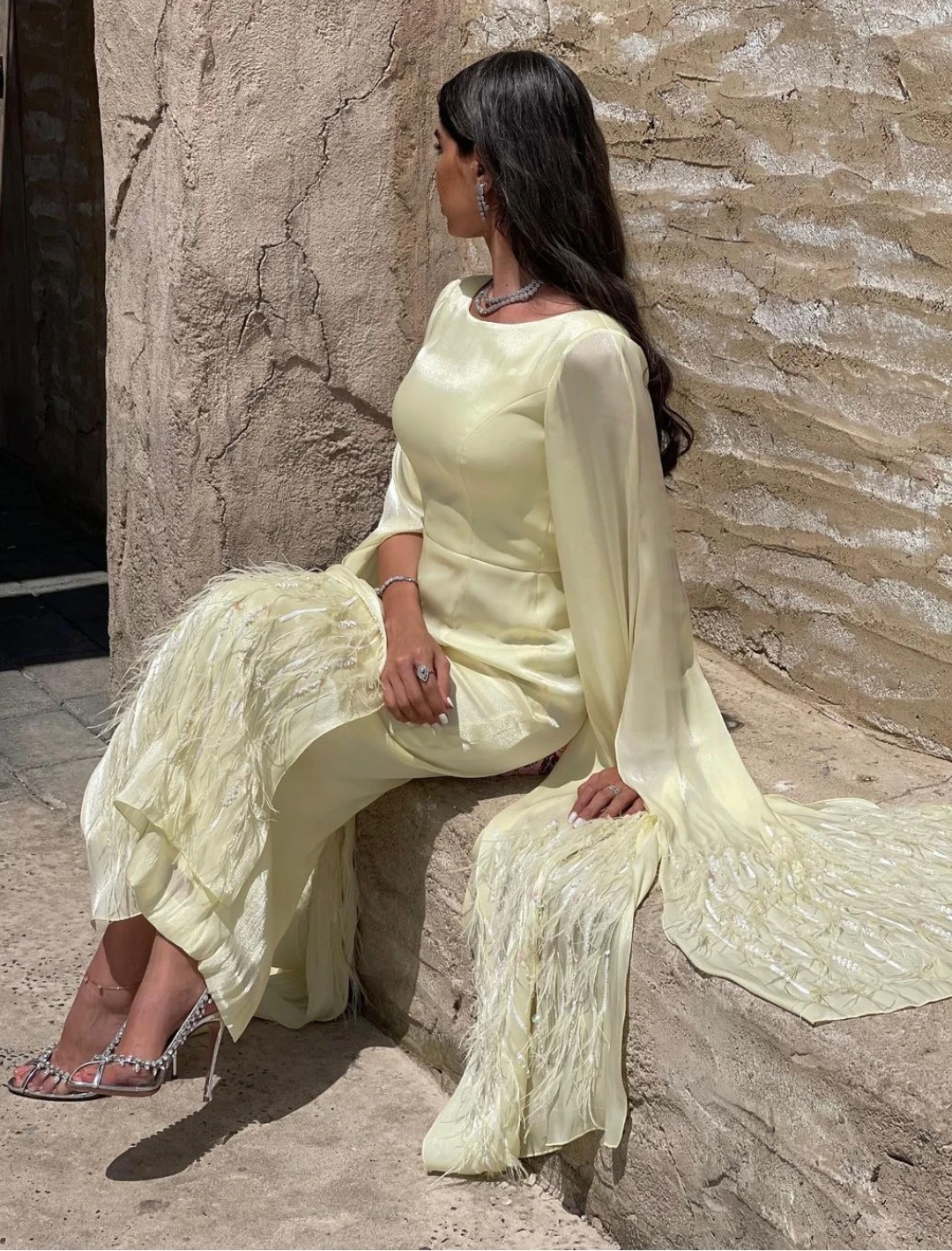 Top Trends: AsaNagi Yellow Shiny Satin Prom Dresses Feathers O Neck Ankle-Length Women Vintage Formal Party Dress 2023 فستان سهرة نسائي Shoppable Styles