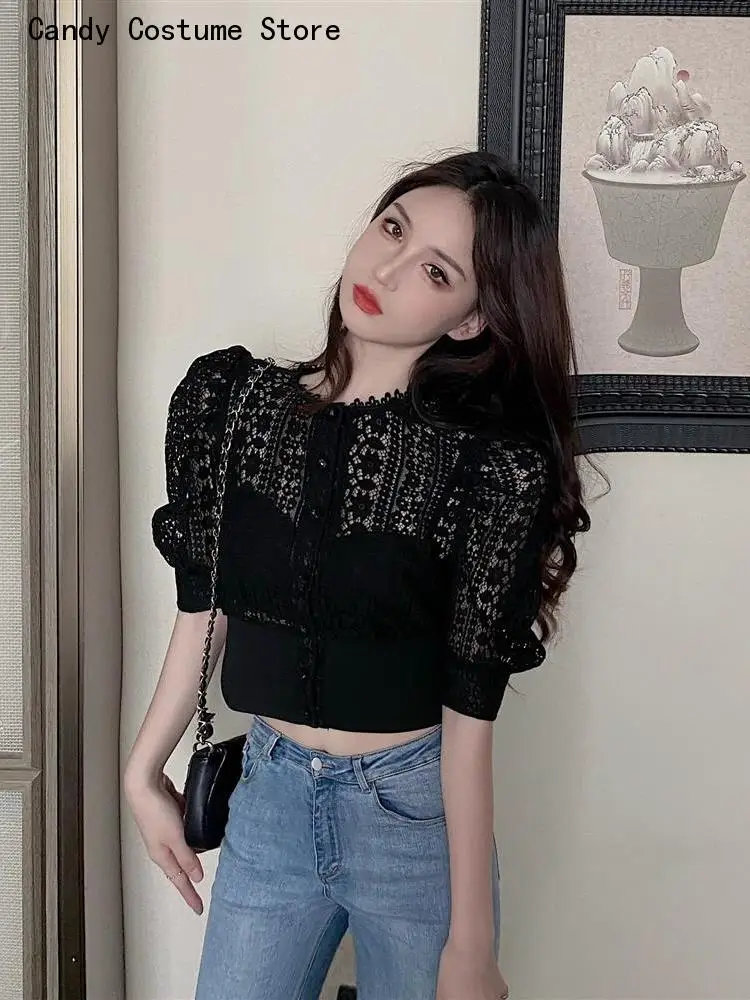 Top Trends: Out Shirt Vintage Puff Sleeve Korean Women Shirts Fashion Chic Tops Crochet Top Blouse Women Sexy Hollow Shoppable Styles - Image 4