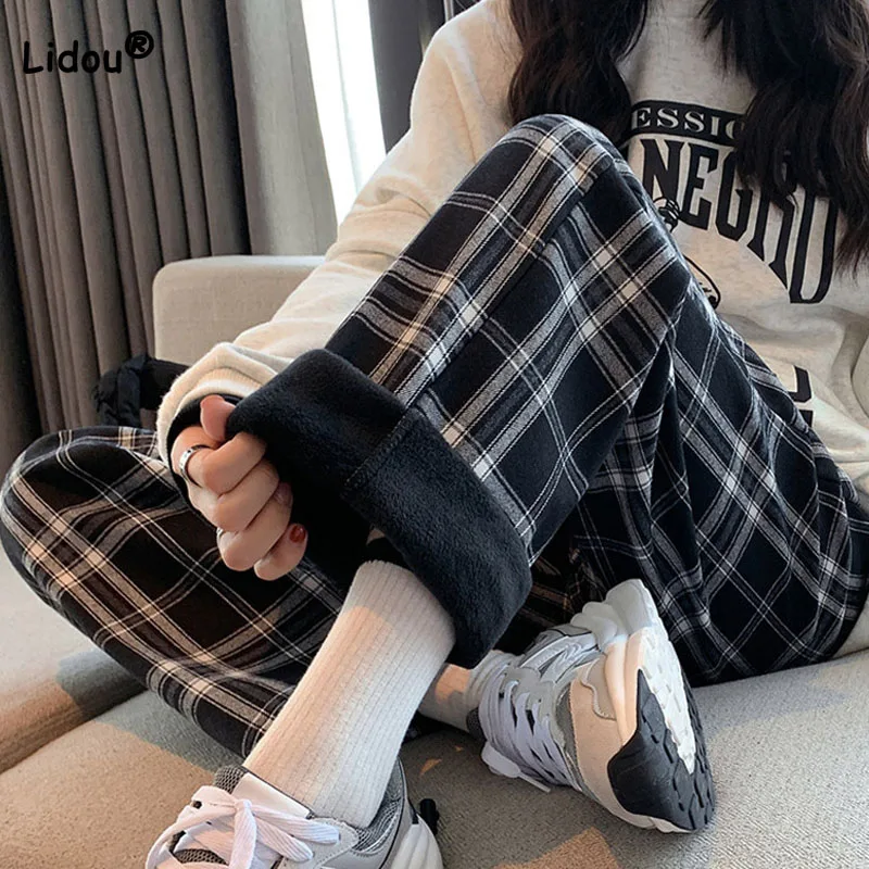 Top Trends: Fashion Loose Plaid Fleece Wide Leg Pants 2022 New Autumn Winter Female Clothing Straight Casual High Waist Women&#039;s Trousers Shoppable Styles