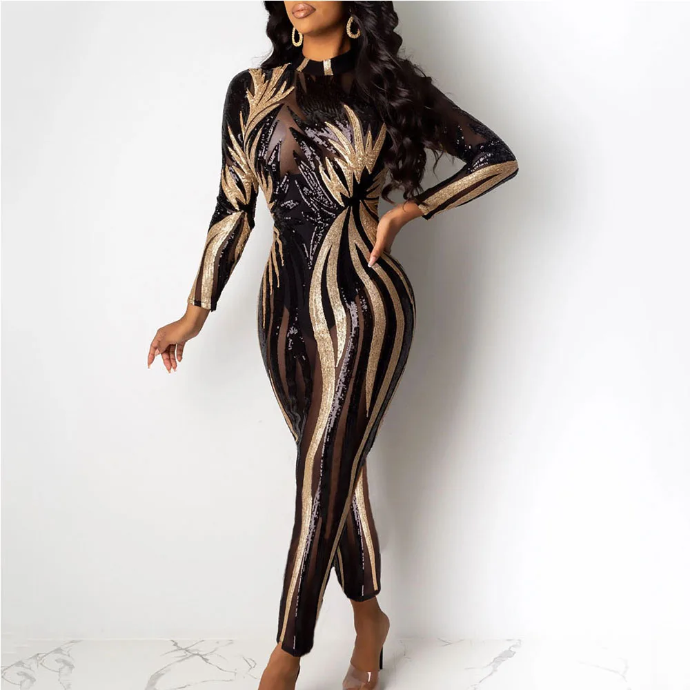 Top Trends: Sexy See Through Black Sequin Bodycon Jumpsuit Women Summer Birthday Party Club Outfits Jumpsuits Long Sleeve Bodysuit Overalls Shoppable Styles