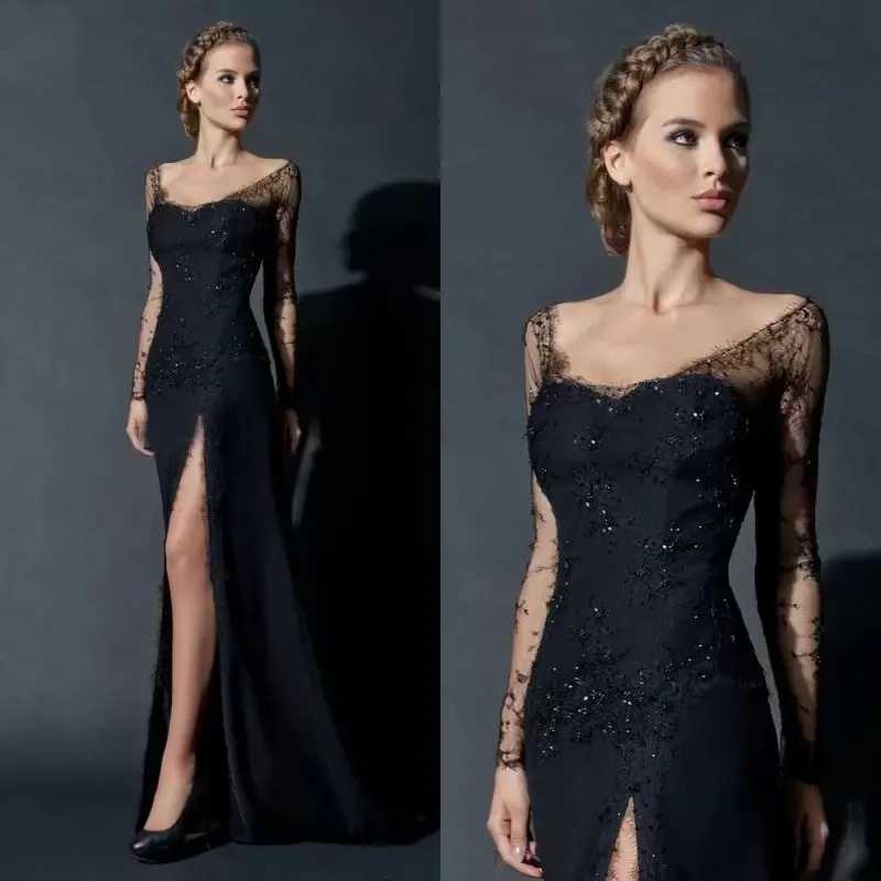 Top Trends: Long Sleeves Boat Neck Mother Of The Bride Dresses Dubai Arab Lace Beads Women Evening Dress Elegant Split Wedding Guests Party Shoppable Styles