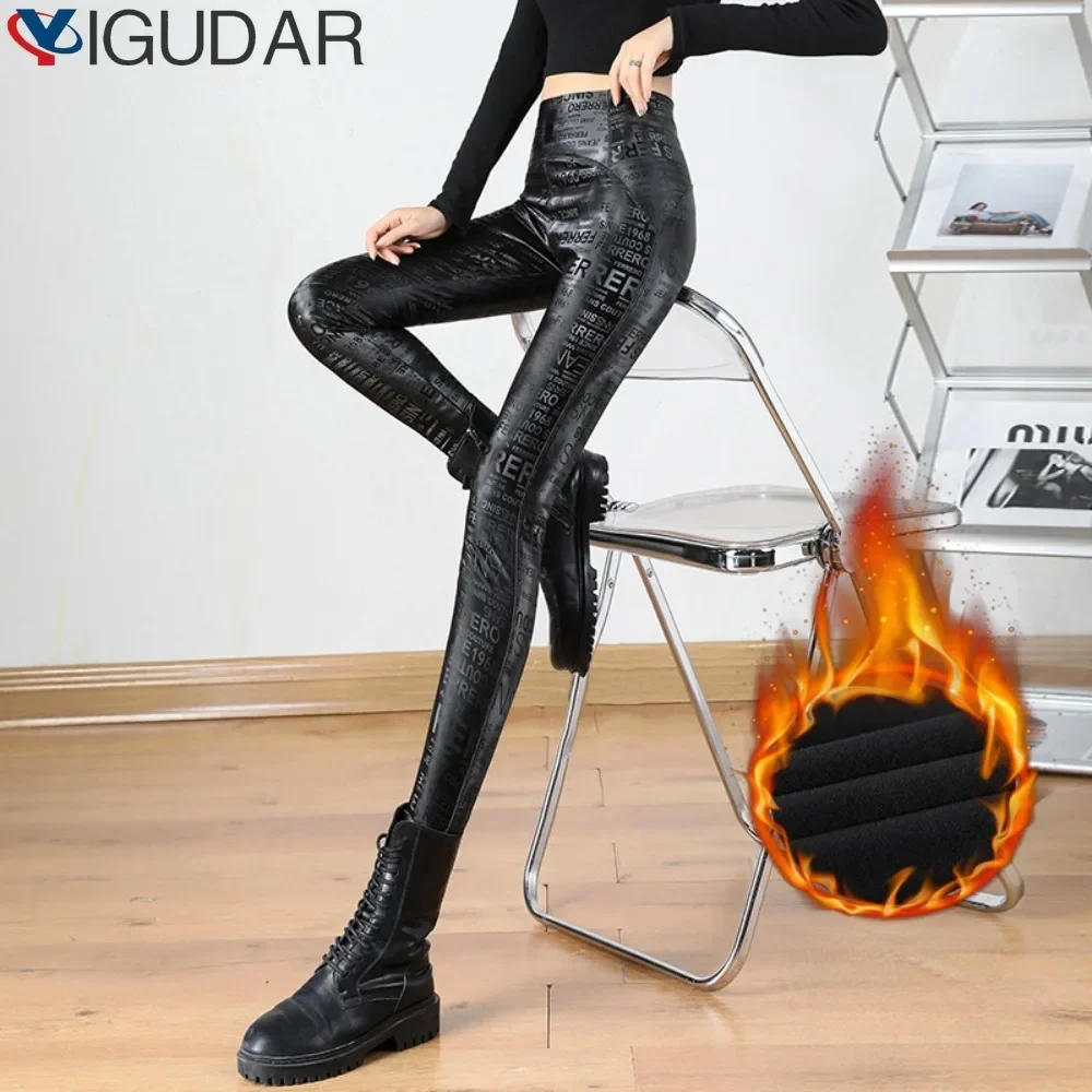 Top Trends: Letter Graffiti Leather Pants Womens Autumn Winter Plus Velvet Warm Leggings Gothic Stretch Tight High Waist Pencil Pants Women Shoppable Styles