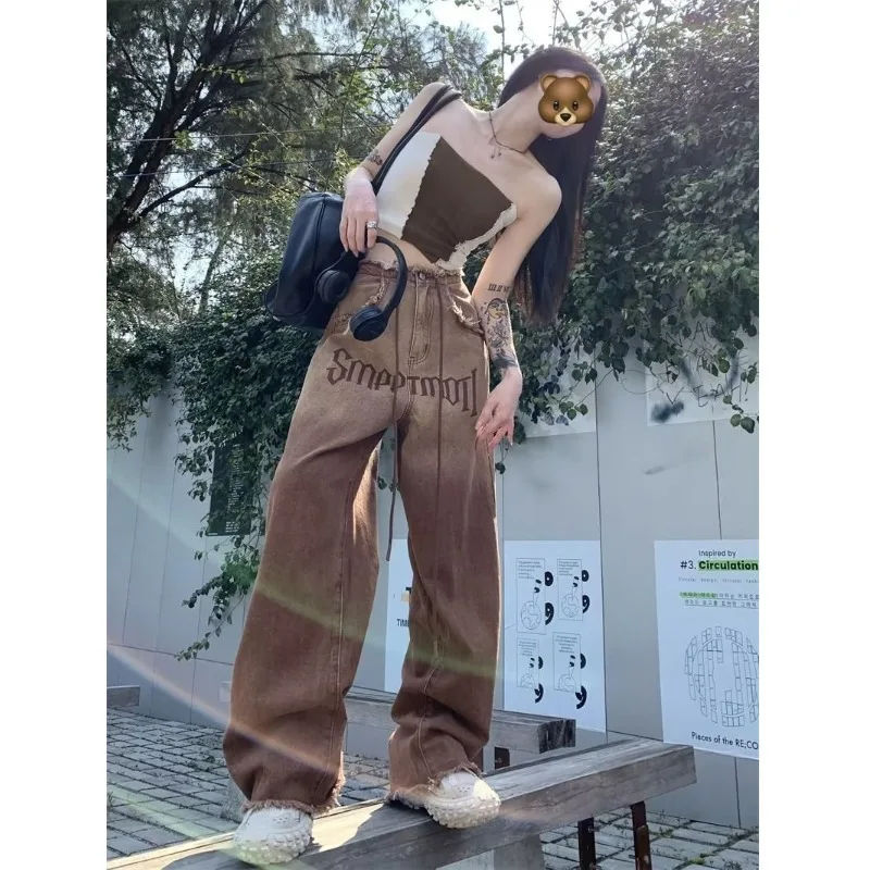 Top Trends: Streetwear Vintage Jeans High Waisted Brown Y2k Fashion Printing Raw Edge Trouser For Womens Summer Korean Style Denim Long Pant Shoppable Styles